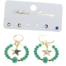 X-lady Accessories Altın Renk Yuvarlak Yıldız Kombin Yeşil Boncuk Küpe - 2865