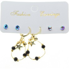 X-lady Accessories Altın Renk Yıldız Yuvarlak Kombin Siyah Boncuk Küpe - 2839