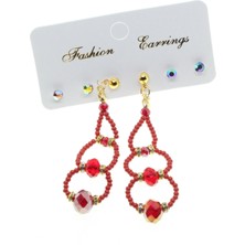 X-lady Accessories Altın Renk Kombin Üç Yuvarlaklı Kırmızı Boncuk Küpe - 2824