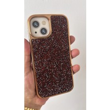 By Semra Iphone 13 / 14  Uyumlu Rose Gold Çerçeve Içi Kadife Lüx Taşlı Tam Koruma Kılıf