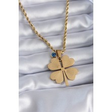 EngStore 316L Çelik Gold Renk Burgu Model Işlemeli Yonca Figür Nazar Boncuk Detay Kadın Kolye