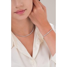 TMT Silver 3 mm Gümüş Zirkon Taşlı Pırlanta Modeli Su Yolu Tenis Kolye Bileklik Set