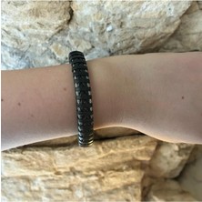 Asteria Jewelry Erkek Deri Detaylı Çelik Bileklik