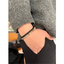 Asteria Jewelry Sitrin Doğal Taş ve Deri Detaylı Erkek Çelik Bileklik