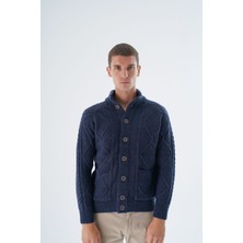 Trist Star Erkek Lacivert Dik Yaka Düğmeli Yürütmeli Saç Örgülü Cepli Yün Triko Örme Hırka