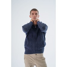 Trist Star Erkek Lacivert Kamyon Yaka Yürütme Örgülü Fermuarlı Cepli Yün Triko Örme Hırka TRIST-5331