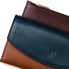 Helmbrook London Ashley Kadın Lacivert Taba Deri Fermuarlı Rfid Korumalı Cüzdan