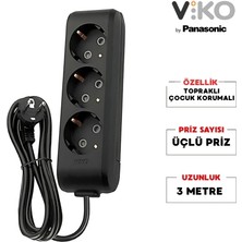 Viko | Üçlü Grup Priz, Topraklı - Çocuk Korumalı Çoğaltıcı Priz  [Üçlü, 3 Metre, Siyah]