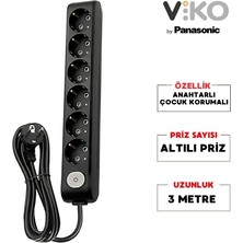 Viko | Altılı Grup Priz, Anahtarlı Topraklı - Çocuk Korumalı Çoğaltıcı Priz  [Altılı, 3 Metre, Siyah]