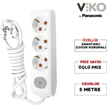 Viko | Üçlü Grup Priz, Anahtarlı Topraklı - Çocuk Korumalı Çoğaltıcı Priz  [Üçlü, 5 Metre, Beyaz]