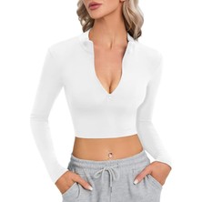 Oceans Butik Beyaz Yarım Fermuarlı Crop Tamkalıp Fitilli Kaşkorse Spor Body