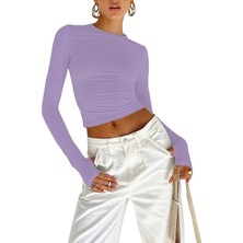 Oceans Butik Lila Bisiklet Yaka Bluz Darkalıp Parmak Geçmeli  Ribana Kumaş Darkalıp Spor Body