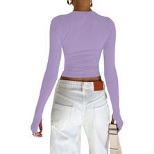 Oceans Butik Lila Bisiklet Yaka Bluz Darkalıp Parmak Geçmeli  Ribana Kumaş Darkalıp Spor Body