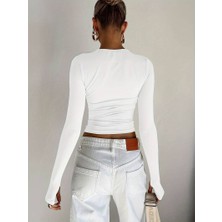 Oceans Butik Beyaz Bisiklet Yaka Bluz Darkalıp Parmak Geçmeli  Ribana Kumaş Darkalıp Spor Body