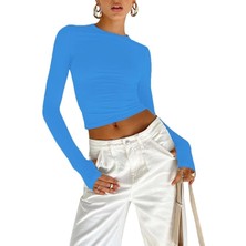 Oceans Butik Buz Mavi Bisiklet Yaka Bluz Darkalıp Parmak Geçmeli  Ribana Kumaş Darkalıp Spor Body