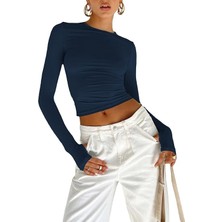 Oceans Butik Petrol Mavi Bisiklet Yaka Bluz Darkalıp Parmak Geçmeli  Ribana Kumaş Darkalıp Spor Body
