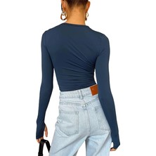 Oceans Butik Petrol Mavi Bisiklet Yaka Bluz Darkalıp Parmak Geçmeli  Ribana Kumaş Darkalıp Spor Body