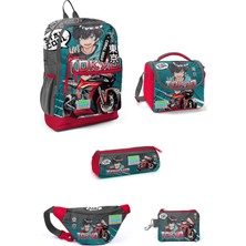 Coral High Kids Gri Nefti Anime Motorsiklet Desenli 5'li Okul Çanta Seti 5SET23764