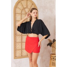 Darlin Moda Kadın Siyah Önden Bağlamalı Crop Kimono DM7004
