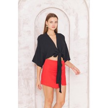 Darlin Moda Kadın Siyah Önden Bağlamalı Crop Kimono DM7004