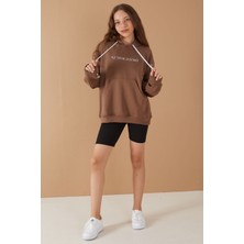 Cansın Mini Kahverengi Baskılı Kız Çocuk Şeritli Kapüşonlu Sweatshirt 19221