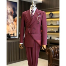 İtalyan stil slim fit kruvaze ceket pantolon takım elbise bordo T12596