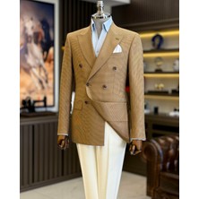 Terzi Adem Altun İtalyan stil slim fit kazayağı desen kruvaze erkek ceket kahverengi T12625