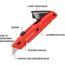 Workpro WP213009 Ağır Hizmet Alüminyum Gövde Geri Çekilebilir Rötuş Maket Bıçağı + 5 Adet Yedek Bıçak