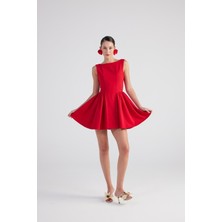 Holly Lolly Kabarık Mini Elbise Kayık Yaka Kırmızı Kadın Trend Stil Özel Olay