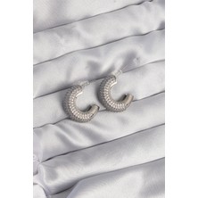 Kaufhier Pirinç Gümüş Renk Zirkon Taşlı Yarım Halka Küpe