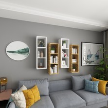 Dekormer Design Kitaplık Duvar Rafı 4 Lü Renkli Mobilya Takım Beyaz Atlantik Çam
