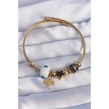 Kaufhier 316L Çelik Gold Renk Siyah Zirkon Taşlı Yıldız Tasarımlı Ağaç Detay Nazarlı Charm Bileklik