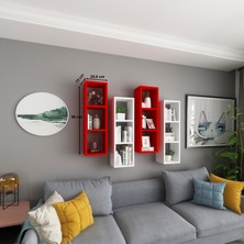 Dekormer Design Kitaplık Duvar Rafı 4 Lü Renkli Mobilya Takım Kırmızı Beyaz