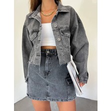 scatola di moda Çift Cepli Yıkamalı Crop Denim Ceket