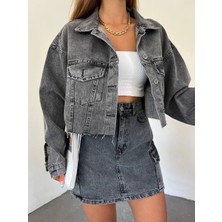 scatola di moda Çift Cepli Yıkamalı Crop Denim Ceket