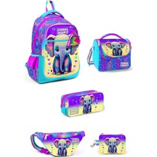 Coral High Kids Pembe Turkuaz Fil Desenli 5'li Okul Çanta Seti 5SET23650