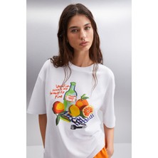 Grimelange Nitza Kadın Pamuk Oversize Bisiklet Yaka Beyaz T-Shirt