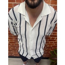Lonc4 Beyaz-Siyah Çizgili Oversize Triko Gömlek