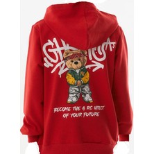 İrem Çocuk Giyim Erkek Çocuk /kız Çocuk Önü Yazı Sırtı Ayıcık Desenli Kapüşonlu Kırmızı Sweatshirt