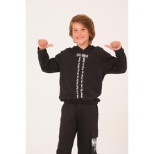 Jazziee Unisex Çocuk Yazı Baskı Detaylı Kapüşonlu Sweatshirt - Siyah