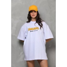 RKM Ticaret Unisex Bisiklet Yaka Baskılı Oversize T-Shirt - Beyaz