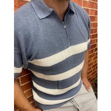 Lonc4 Mavi Beyaz Çizgili Fermuarlı Oversize Triko T-Shirt