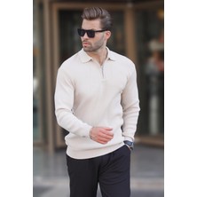 Madmext Bej Polo Yaka Fermuarlı Uzun Kollu Erkek Kazak 7240