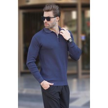 Madmext Lacivert Polo Yaka Fermuarlı Uzun Kollu Erkek Kazak 7240