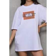 Sosostyle Unisex Bisiklet Yaka Baskılı Oversize T-Shirt - Beyaz