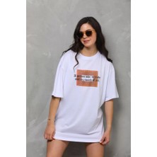 Sosostyle Unisex Bisiklet Yaka Baskılı Oversize T-Shirt - Beyaz