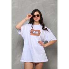 Sosostyle Unisex Bisiklet Yaka Baskılı Oversize T-Shirt - Beyaz