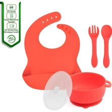 Jojobebek Silikon Beslenme Seti Mama Tabağı ve Kasesi, Pipet, Önlük, Çatal-Kaşık, Bardak / Kırmızı