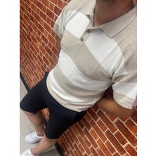 Lonc4 Eflatun Çizgili Düğmeli Poloyaka Oversize Triko T-Shirt