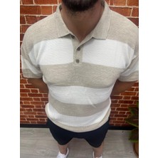 Lonc4 Eflatun Çizgili Düğmeli Poloyaka Oversize Triko T-Shirt